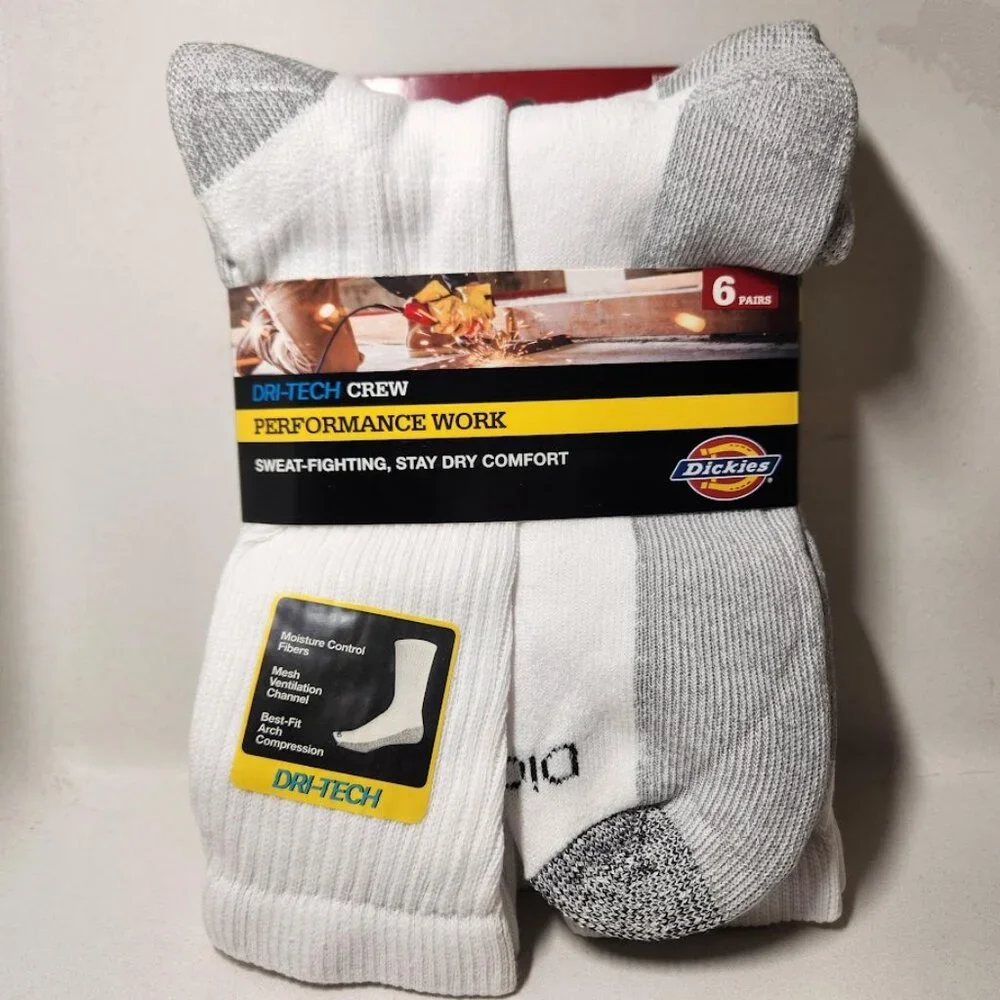 NEW Dickies Men's Dri-Tech Moisture Control Crew Socks 6 Pack Size XL White Soft